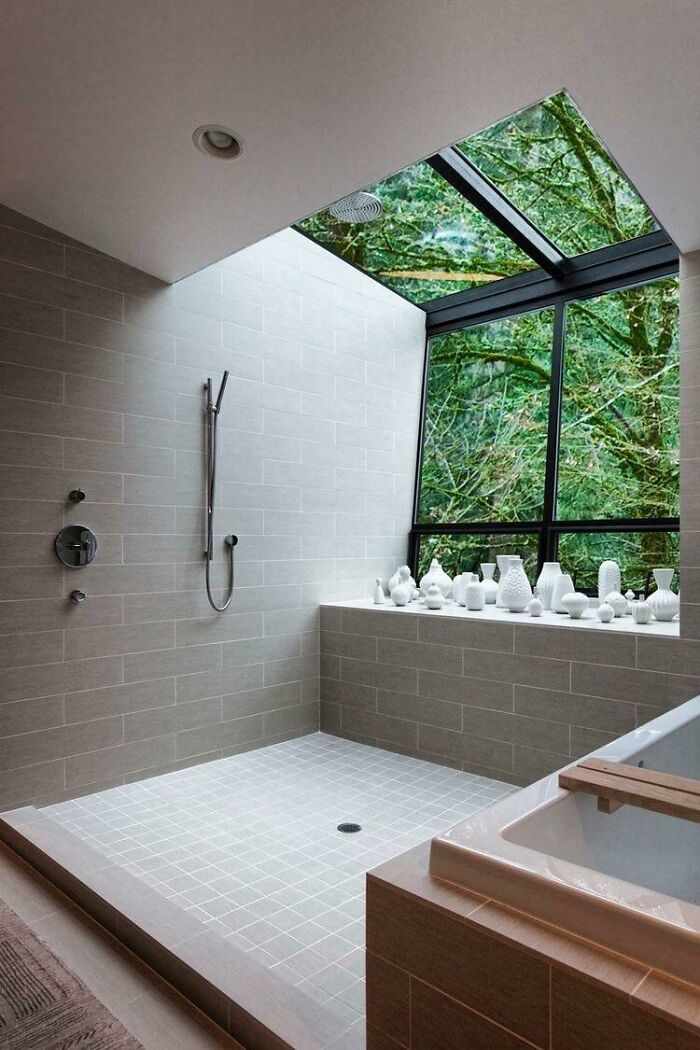 Contemporary Bath And Shower With An Amazing View Of The Outdoors In This Home Located In Portland, Oregon