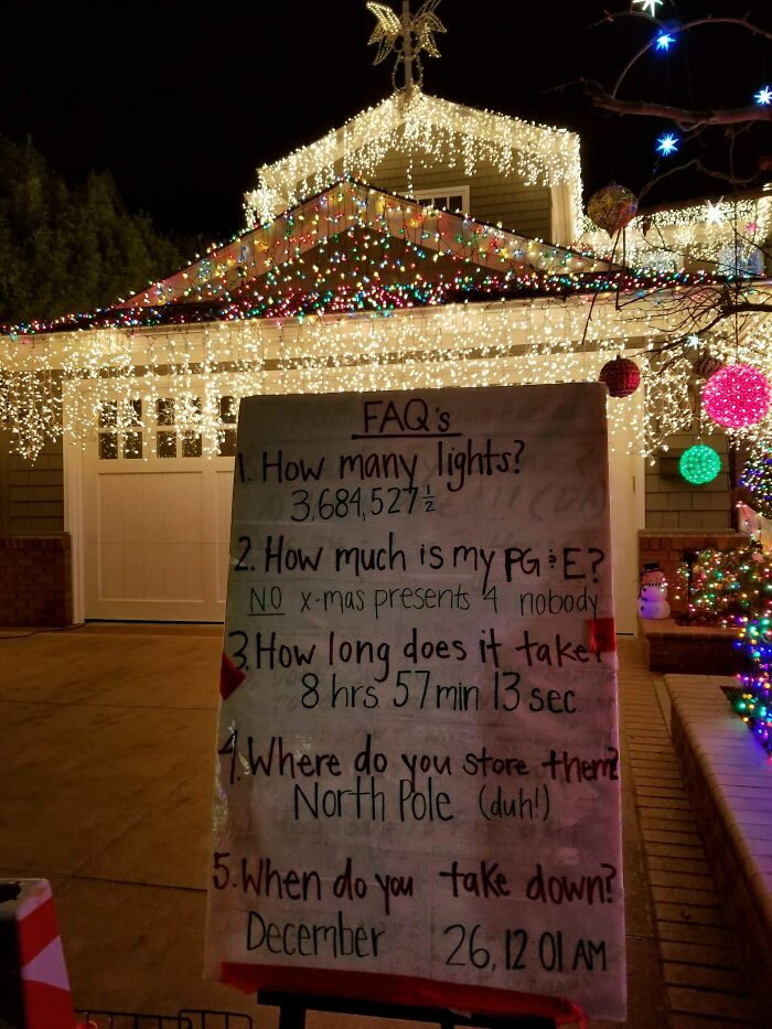A Resident Put Up Some Faq In Front Of Their House Regarding Their Christmas Lights Display