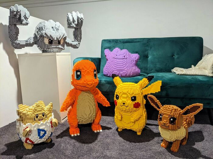 Many lego Pokemons in a room 