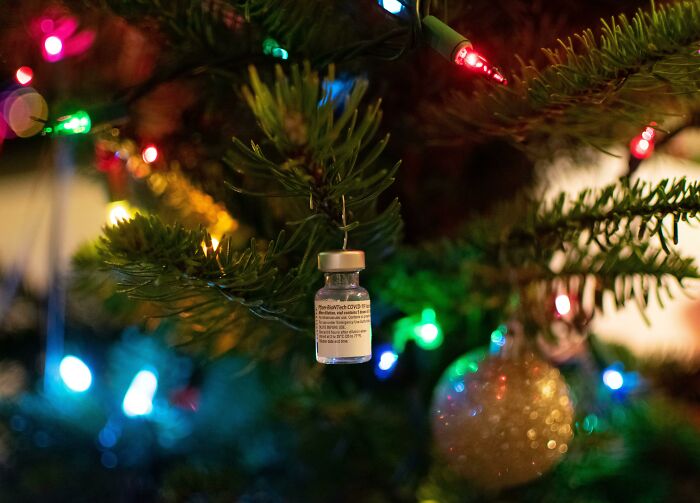 My 2020 Christmas Ornament - An Empty Vial I Saved After A Day Of Giving Covid-19 Vaccines