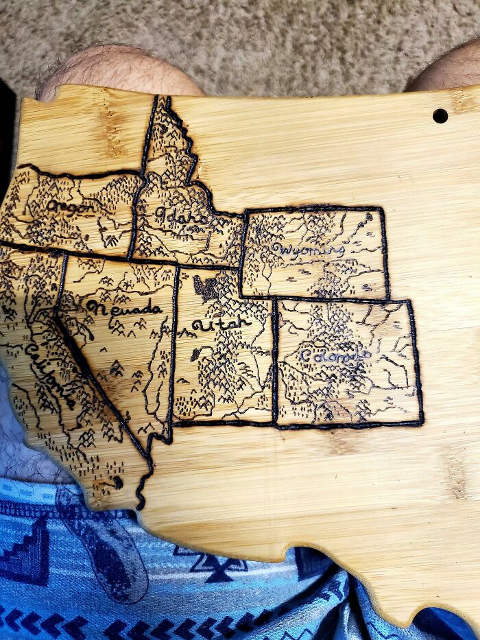 This Is My Wedding Gift To My Wife. We Get Married Next Sunday. I Used A Woodburning Kit To Burn A Map Of All The States We Have Visited As A Couple. We Both Love To Travel And Backpack Do I Want To To Keep Adding To It As We Get Older