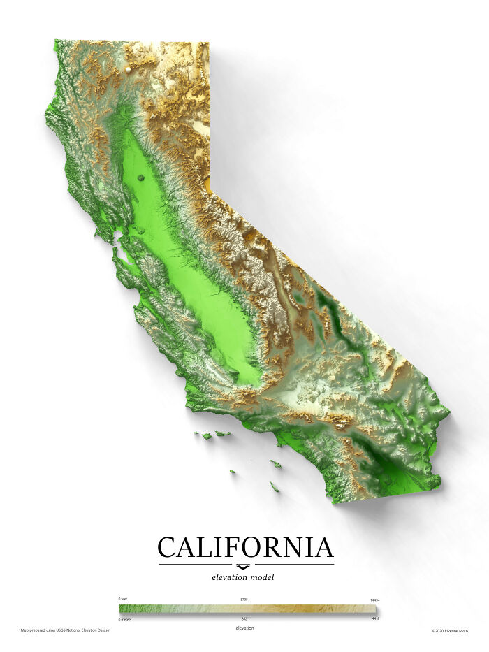 Exaggerated Elevation Map Of California [oc]