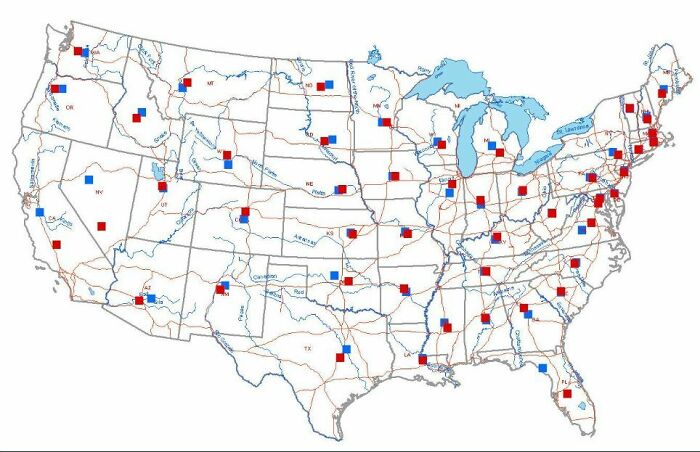 Population Centers Of Each Us State From 1900-2010 (Blue Dot Is 1900, Red Dot Is 2010)