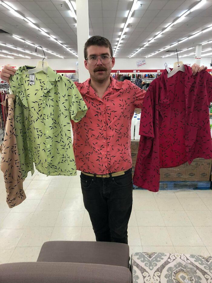 Went With My Friend To The Thrift Store And He Found 3 Version Of His Favorite Shirt In Different Colors