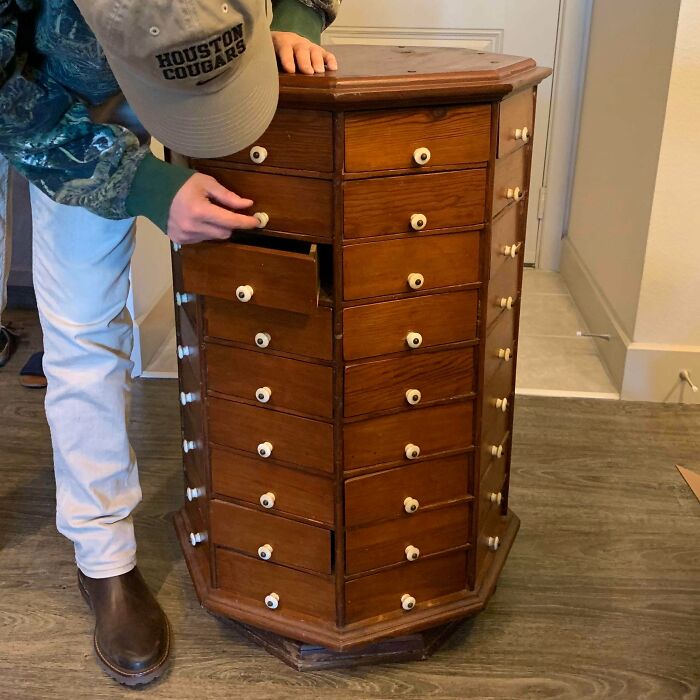 Got An Old Antique Hardware Store Cabinet From Offerup For $100 - It Has 72 Drawers & Spins