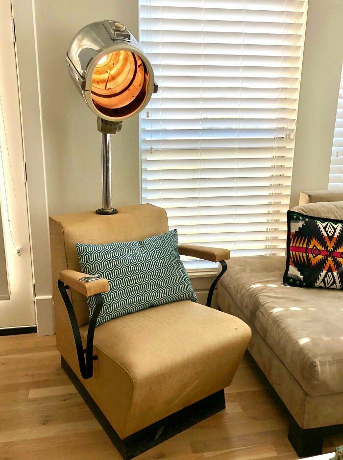 Social Distancing Project #1 - Thrifted This Old Hair Drying Chair From The 50’s A Half A Year Ago... Got Bored And Converted It To A Lamp / Reading Chair. Even Has A Ash Tray