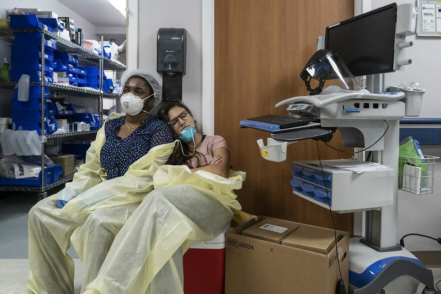 Members Of The Medical Staff Rest In The Covid-19 Intensive Care Unit At The United Memorial Medical Center On July 2 In Houston