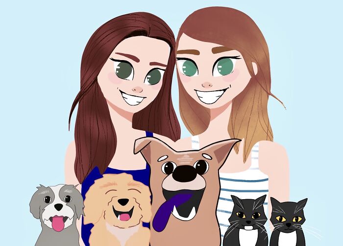 My Twin Drew This For Our Birthday - The 3 Dogs Are Mine And The Cats Are Hers