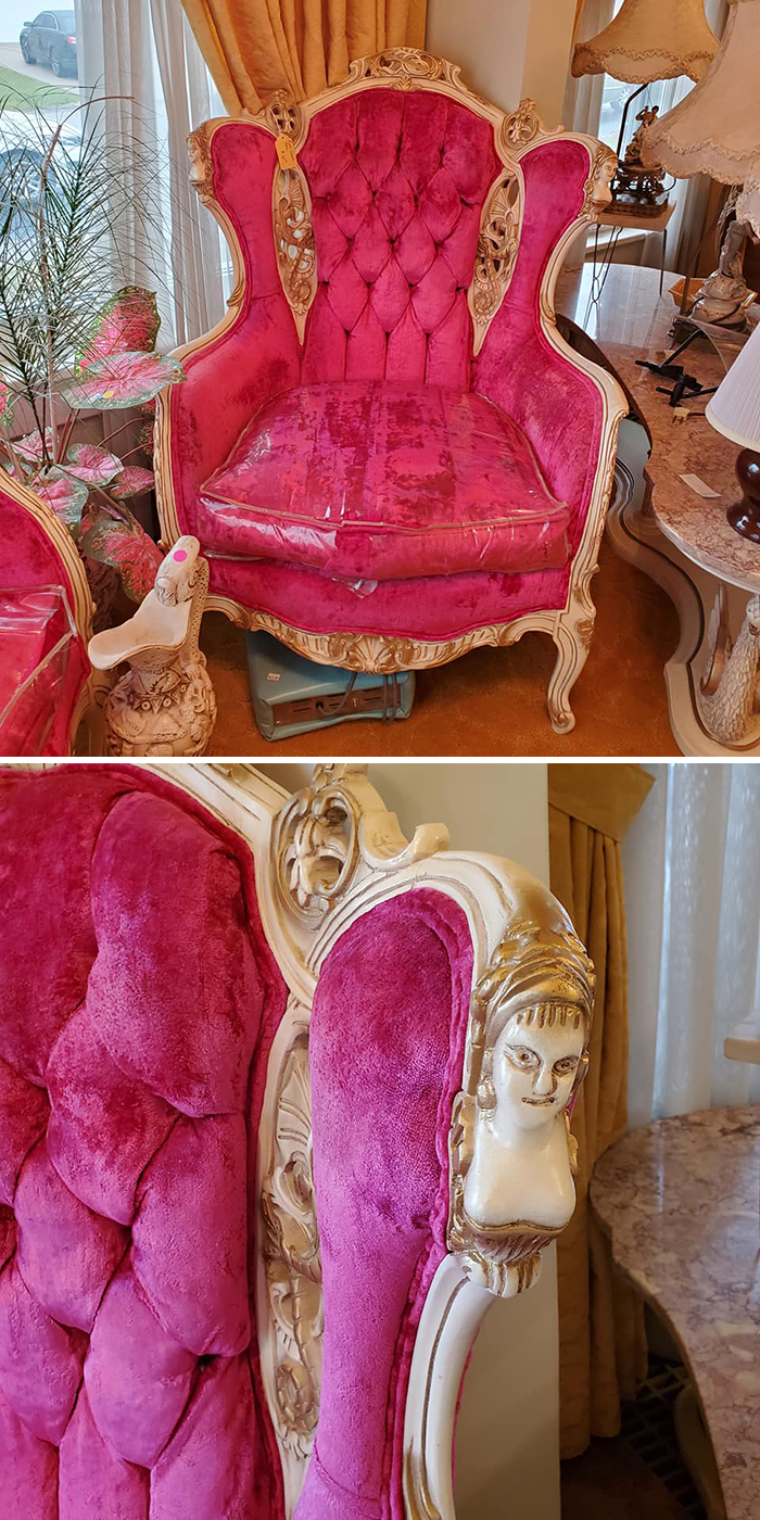 I Fought With Myself Hard, But Ended Up Walking Away From This Masterpiece At An Estate Sale Yesterday. It Was $82.50 And As Much As I Obviously Need A Hot Pank Throne With Lady Busts, I Knew My Labrador Would Cover It In Her Yellow Hairs The Moment I Brought It Home