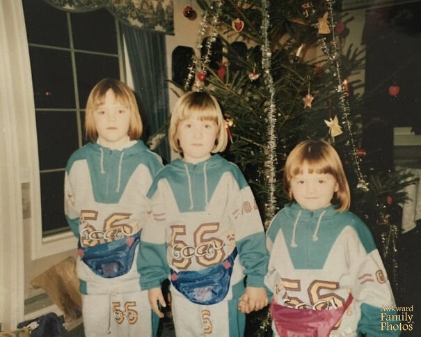 Me (Left), My Cousin And My Sister Got Identical Jogging Suites And Fanny Packs From Our Grandmother For Christmas 1991. We Already Had Identical Hair Cuts. My Cousin Is Forcing My Sister To Smile By Pinching My Sisters Hand