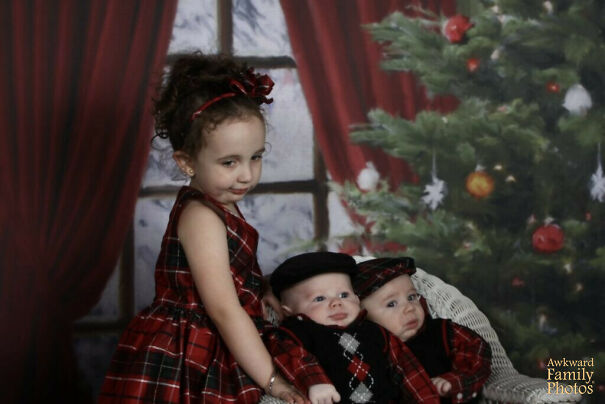 My Sister And I Thought It Might Be A Good Idea To Have Our Kids’ Photos Taken As A Christmas Present For My Mom. With Two Hungry, Tired Newborn Babies And A Bored 3 Year Old, It Was Quite Possibly The Worst Day Of Our Lives. This Was The Best Pic We Could Get Of All Three Of Them