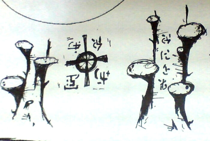 Trees With Mushrooms Growing Out Of Them. One Has Hieroglyphics On It That I Made Up. Ignore The Weird Symbol Between Them. I Did This While Bored In Class