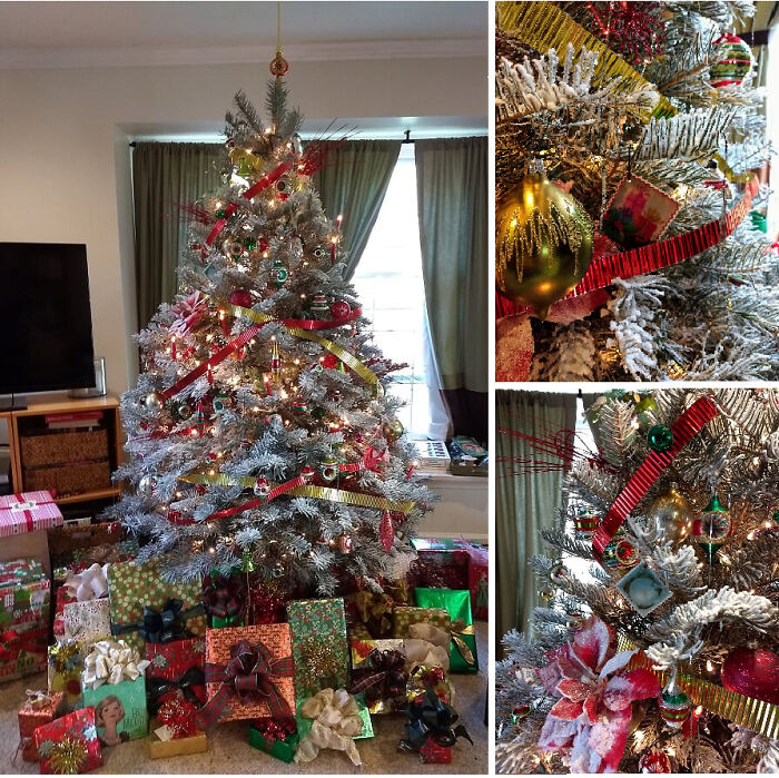 Vintage Theme Tree From 2019 - Flocked The Tree Ourselves. What A Mess.