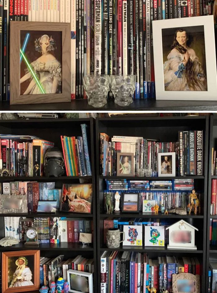 Husband Secretly Changes Framed Photos, Star Wars At At Bookcase
