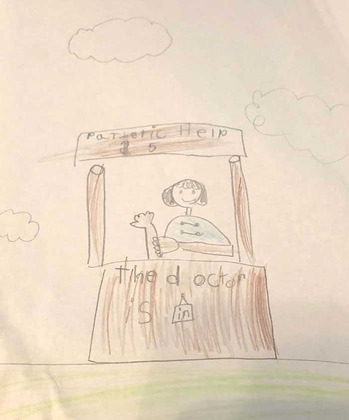 Was Going Through Some Papers And Found A Drawing My Little Sister Drew In Kindergarten. Apparently, She Couldn’t Spell Psychiatrist So She Used A Word She Knew How To Spell