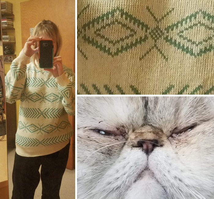 I Picked Up This Sweater At An Estate Sale And After I Got Home And Tried It On, I Noticed My Cat's Face On It! Now That's All I Can See!