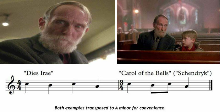 Home Alone (1990). Old Man Marley Is Scored Using The Ancient "Dies Irae" Melody, Referencing A Coming Death. After Kevin Talks To Him, The Choir Begins Singing The "Carol Of The Bells", Which Uses The Same Melody Notes, Showing We The Audience Have Misjudged The Old Man The Same Way Kevin Has