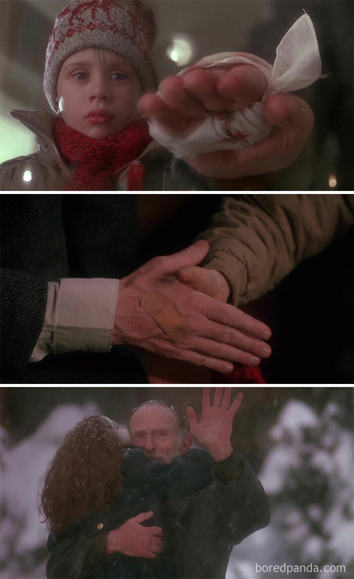 I'm Home Alone (1990), Old Man Marley Has A Wound On His Hand, When He Meets With Kevin In The Church Revealing To Be A Sweet Gentle Man His Wound Only Has A Band Aid, When He Reunites With His Son And His Wife And Kid His Wound Is Healed, Symbolising Old Wounds Can Heal