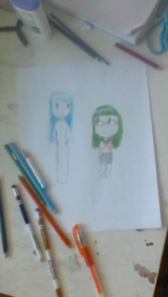 My Two Ocs, Laura With Blue Hair, Kayleigh With Green Hair.
