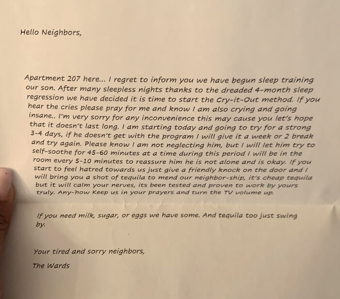 Woman Shares A Letter She Got From Her Neighbors With A Baby And It Goes Viral