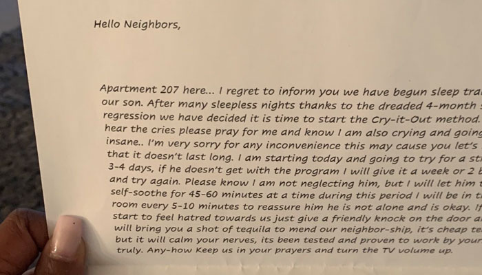 Woman Shares A Letter She Got From Her Neighbors With A Baby And It Goes Viral