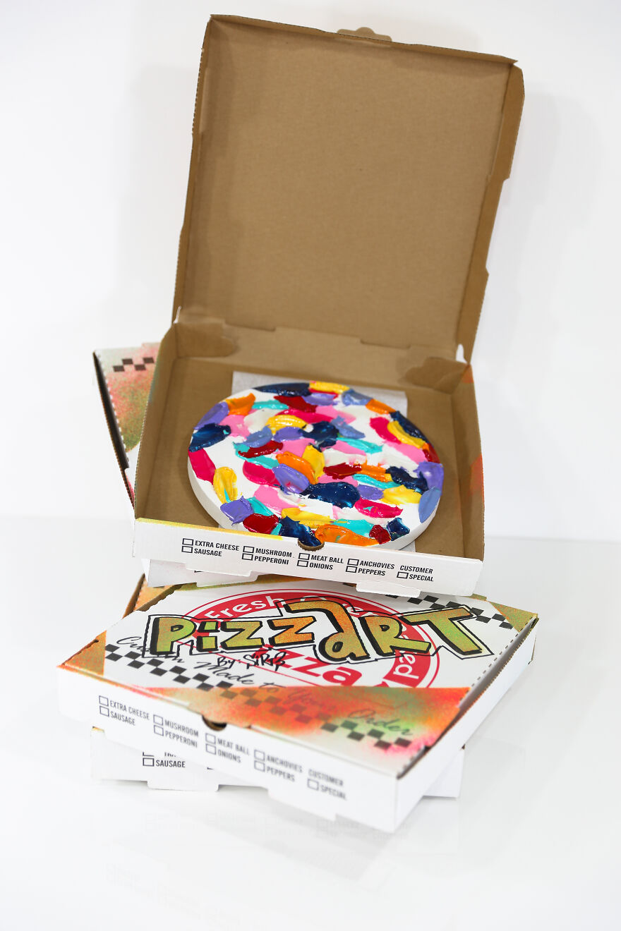 Abstract Artist Launches An Entire Art Collection Devoted To Pizza. Novelty Pizza Box Included. Abstract Artist Launches An Entire Art Collection Devoted To Pizza. Novelty Pizza Box Included.