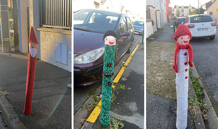 French Grandma Knits Clothes For Street Poles