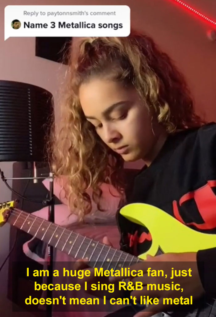 People Mock TikToker For Wearing A Metallica Shirt, Ask Her To "Name 3 Songs" - She Picks Up A Guitar Instead