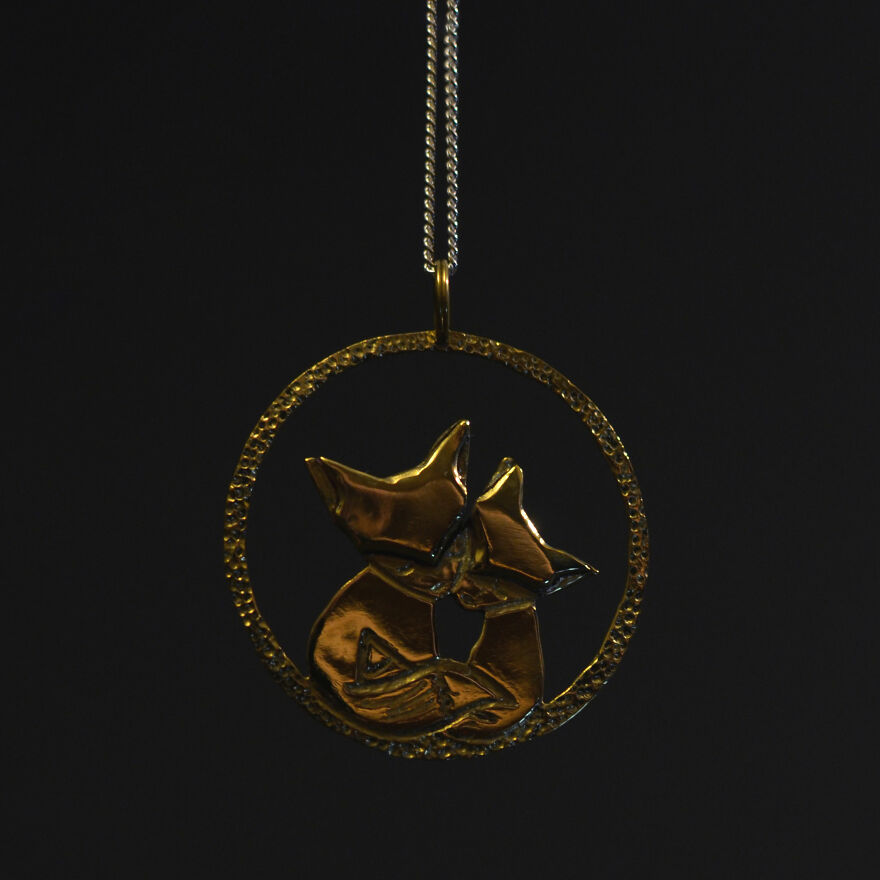 Brass Pendant “Two Foxes.” A Gift For The Wedding Of Two Charming Foxes