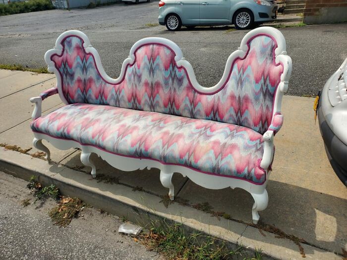 Finally Found Something Cool! Found Around The Block From My Job At The Curb. I’m Taking It In Hopes To Clean Her Up And Possibly Re-Paint And Dye The Fabric Since The Pattern Is A Little Bit Much For Me