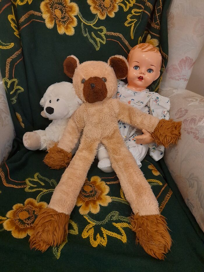 My Bear Roope From The 70s, With My Mom's Doll From The 40s And My Kid's Sheep From 2000s.