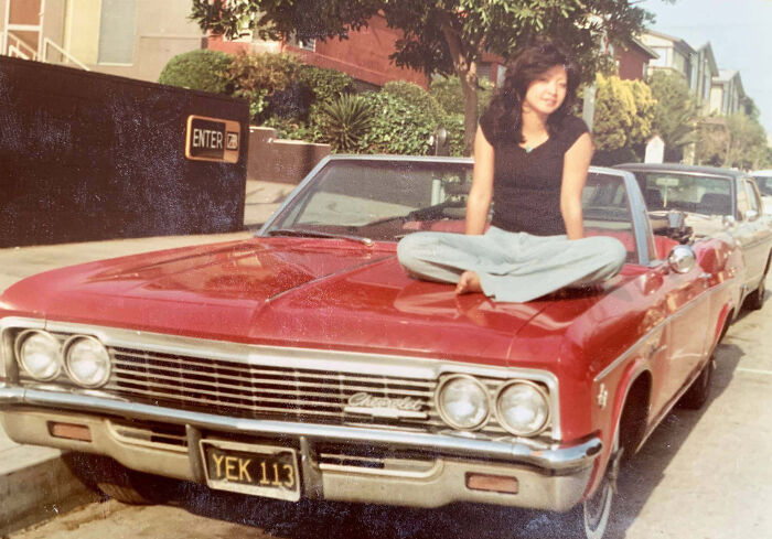 My Mom In ‘78, Glendale, Ca. Newly Immigrated From Japan And Working Her Butt Off -But Still Managed To Save Up And Buy This Chevy Impala For $500