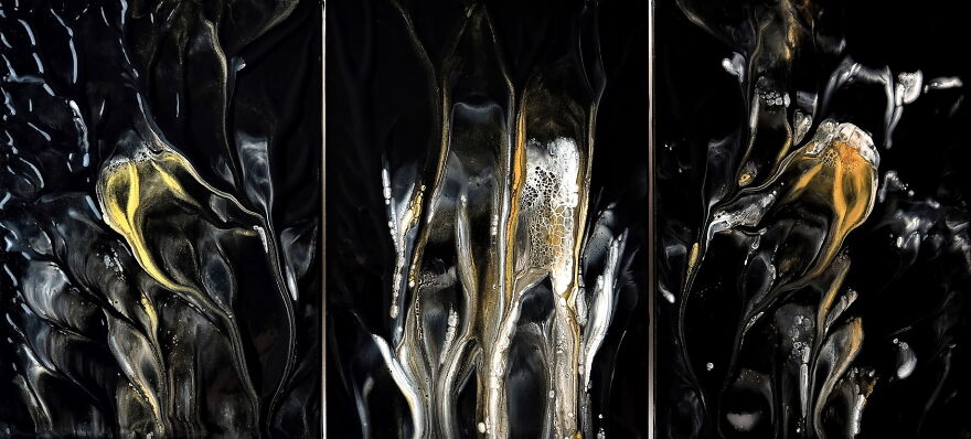 Black & White & Gold Triptych ~ Acrylic Pouring Dip Technique ~ Easy Fluid Art Painting