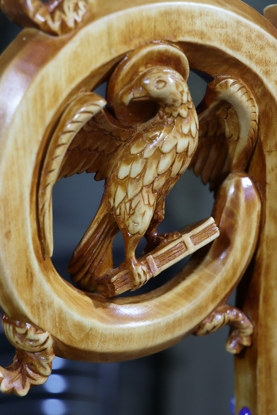 Staff With An Eagle On The Book. Linden Wood. Wood Carving