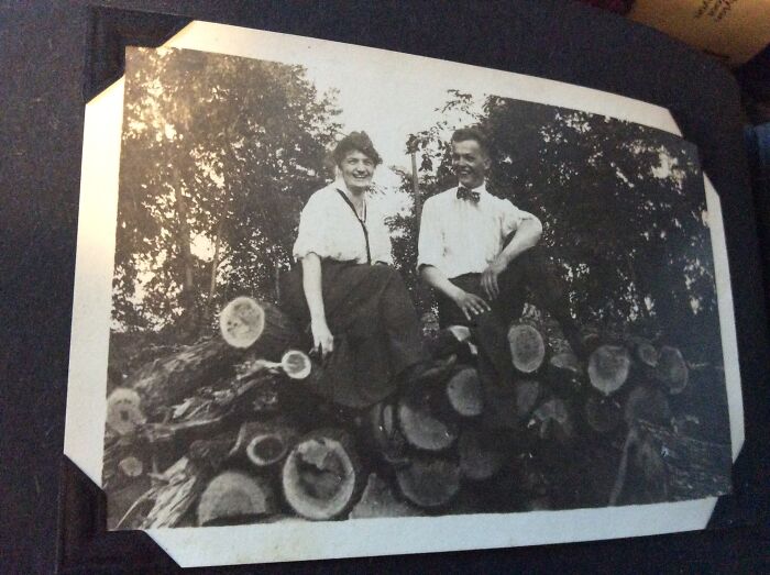 My Great-Aunt Emma Always Said She Was Equal To Any Man. She Chopped Her Own Firewood Till She Was 98, Lived To 104. This Is Emma (Left) After A Log Cutting Session With A Gentleman Caller In The Very Early 1910s. She Never Married. Photo From White Cloud, Michigan