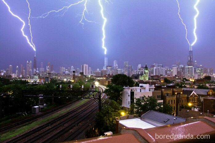 Lightning Striking Simultaneously On Chicago's Three Tallest Buildings