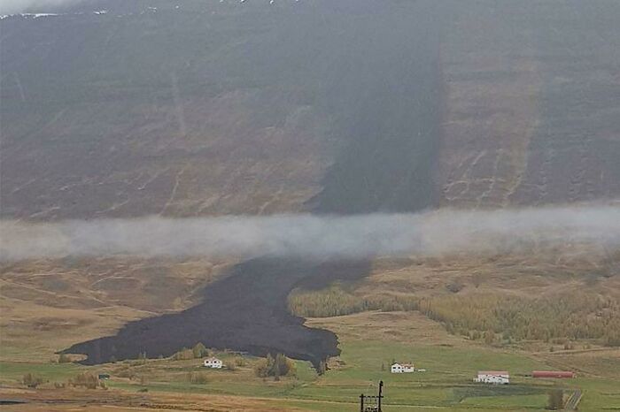 Landslide Splits Just Before Hitting A Farm In Iceland. Happened This Morning. No One Got Hurt