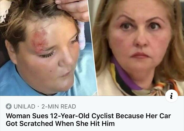 Entitled Woman Sues 12 Year Old Cyclist Because Her Car Got Scratched When She Hit Him