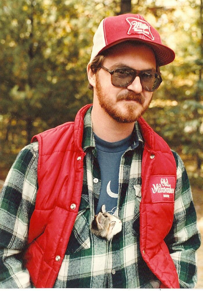 My Dad And A Tiny Kitten Looking Like A Modern Hipster In The Early 1980s