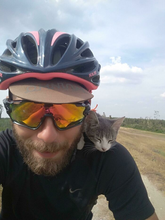 Heard You Guys Liked Cute Animals On Shoulders, Here's Me Riding My Bike In Serbia With My Cat On My Shoulders