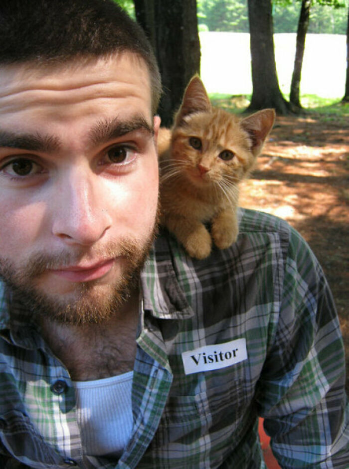 A Dark-Haired Man Wearing A Plaid Shirt Stares Directly Into The Camera With A Kitty Cat On His Left Shoulder