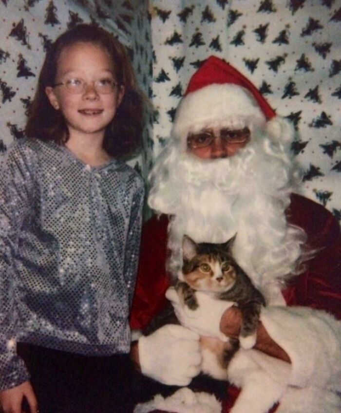 A Christmas Blunder From When I Insisted We Bring Our Cat To The “Dogs-Only” Holiday Photo Session At Our Vet Because I Felt They Were Being Discriminatory Against Felines. Shout Out To Santa’s Blank, Dead Eyed Stare