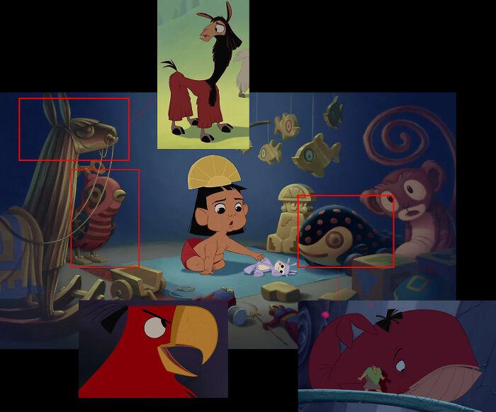 En El Emperador y Sus Locuras, el bebé Kuzco tiene una llama, un loro y una ballena de juguete. Más adelante en la película, se convierte en todos estos animales