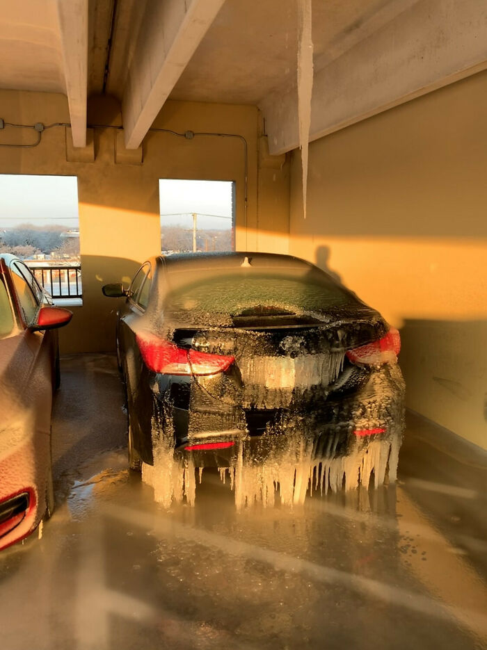 Guy Parks On Stripes To Avoid Freezing Rain, Happens To Be Under A Leaky Pipe