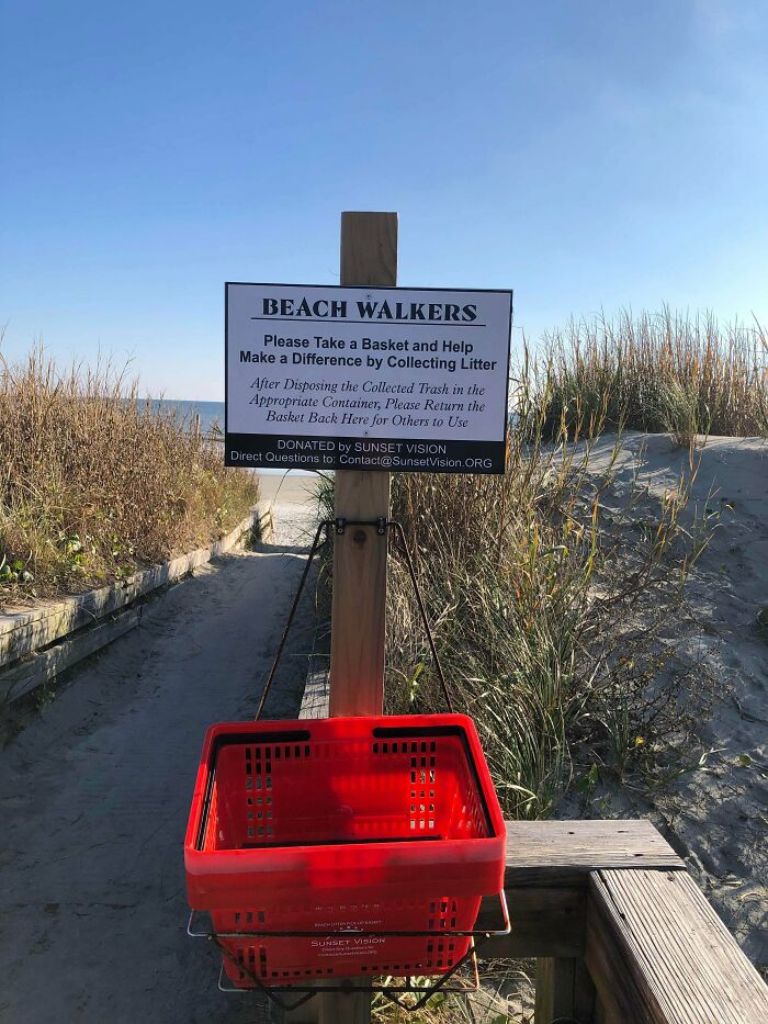 Beach Has Baskets For People To Help Clean Up
