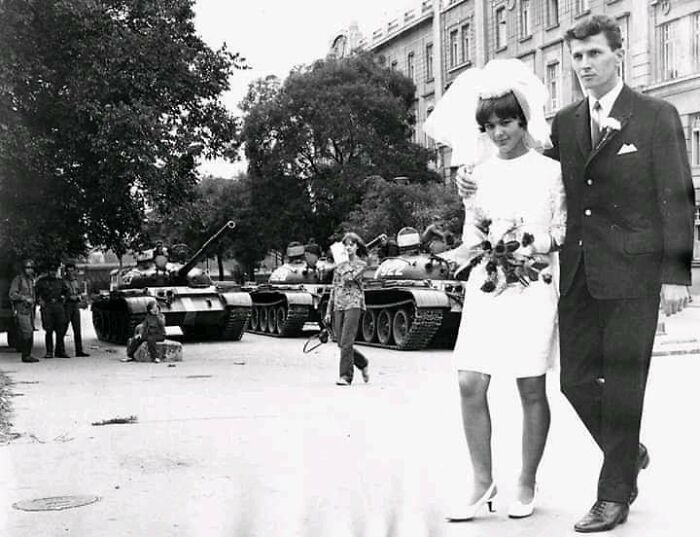 Soviet Tanks Interrupt Young Couple Wedding. Soviet Invasion To Czechoslovakia