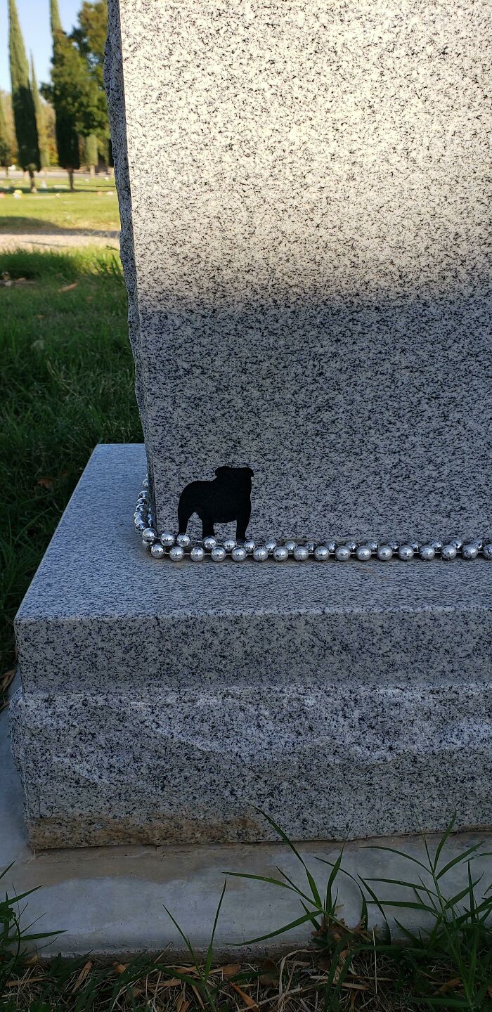 Mi amigo que falleció, siempre iba con su querido bulldog inglés. Vi esto detrás de su tumba