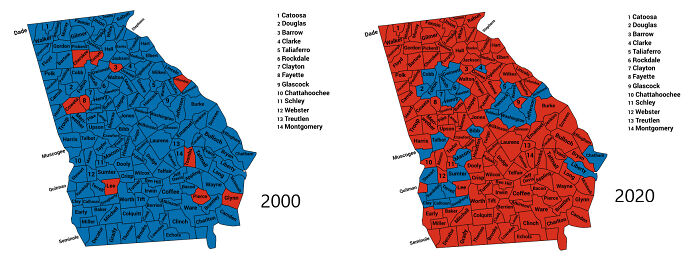 Comparison Between The Last Time A Democrat Was Elected To A Senate Seat In Georgia (2000) And Last Night's Democratic Victory