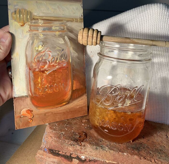 My Oil Painting Of A Jar Of Honey Next To A Jar Of Honey Itself