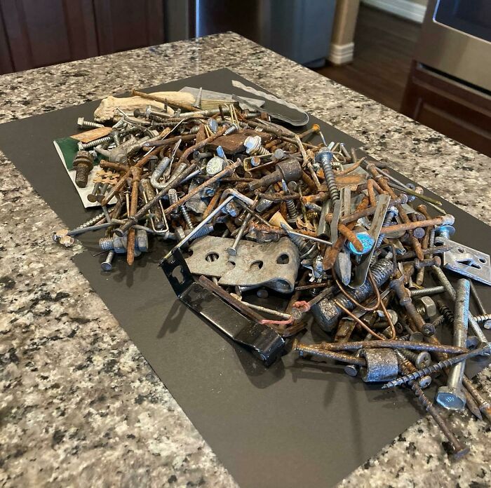 A Pile Of Screws, Bolts And Other Things My Friend Has Picked Up Off The Road When She Goes Running Saving Countless Popped Tires. This Was What She Found In 2020